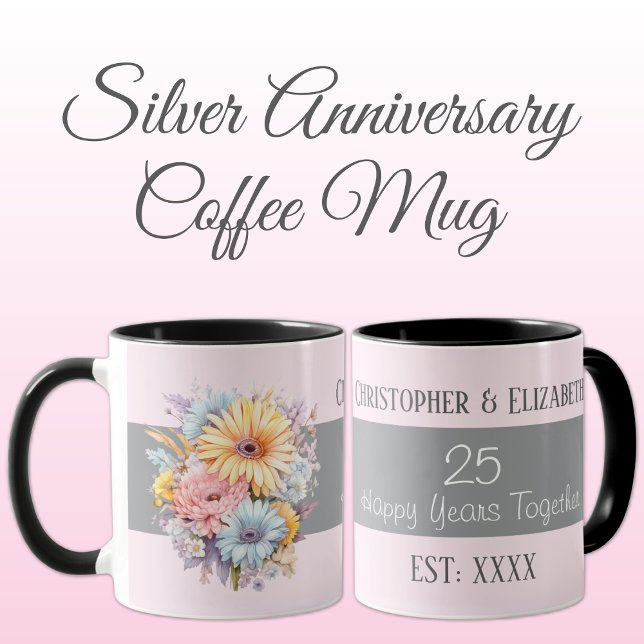 Caneca 25 aniversário de prata nomes de flores rosa (Criador carregado)
