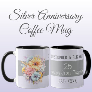 Caneca 25 prata aniversário flores nomes roxos