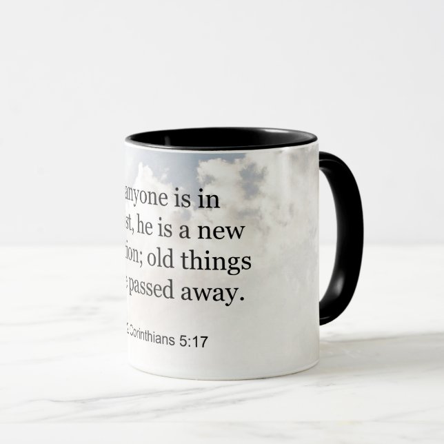 Caneca 2 Corintianos 5:17, verso Bíblia, (Frente Esquerda)