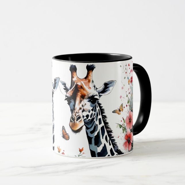 Caneca 2 Girafas Adoráveis Floral com Borboletas (Frente Esquerda)