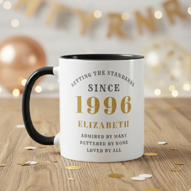 Caneca 30th Birthday 1996 Add Name Elegant (Born 1996 birthday gift mug. Wood table out of focus background.)