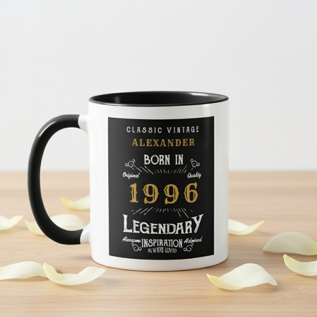 Caneca 30th Birthday 1996 Legend Retro Black Personalized (Born 1996 birthday mug. Wood and grey background.)