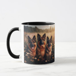 Caneca 3 German shepherd num campo de flores silvestres