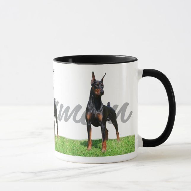 Caneca 3 Pinschers pretos do Doberman com o gráfico do (Direita)