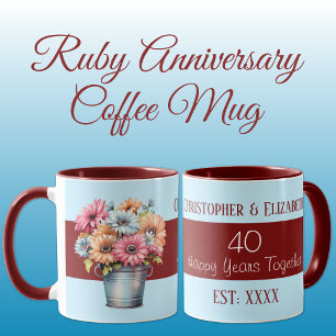 Caneca 40º aniversário de rubis flores nomes azuis