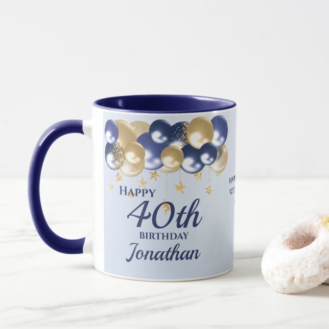 Caneca 40th Birthday Navy Gold Balloons  (Com Donut)