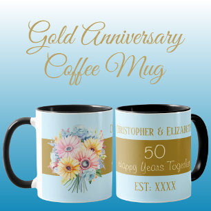 Caneca 50º aniversário do ouro flores nomes azuis
