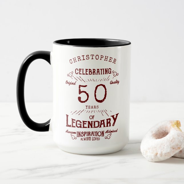 Caneca 50º Aniversário Legendário Nome da Vintagem Vermel (Com Donut)