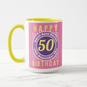 Caneca 50º Aniversário Mug com Idade, Nome e Data