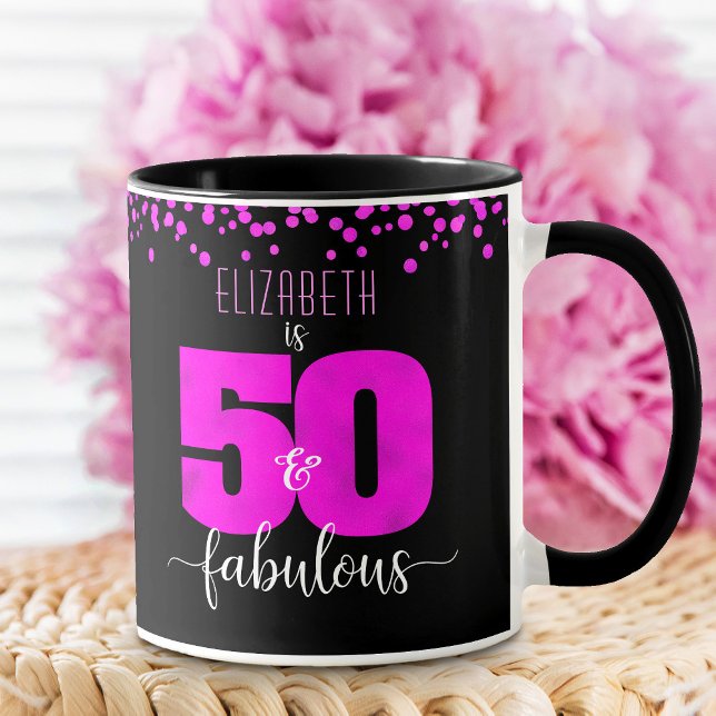 Caneca 50 e fabuloso aniversário de pontos de folha rosa- (Criador carregado)