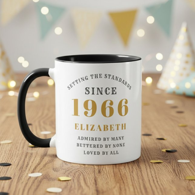 Caneca 60th Birthday 1966 Add Name Elegant (Born 1966 birthday gift mug. Wood table with out of focus background. )