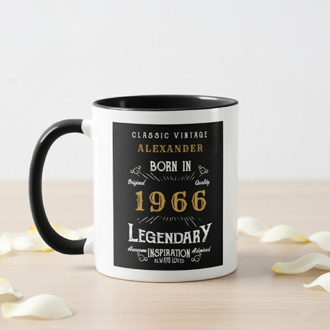 Caneca 60th Birthday 1966 Legend Retro Black Personalized (born 1966 birthday mug. Background is wood table, white wall and flower petals.)