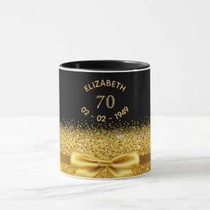 Caneca 70 aniversário arco dourado nome negro idade do s