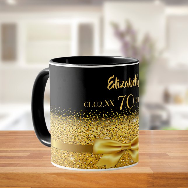 Caneca 70 aniversário dourado preto nome elegante clássic (Criador carregado)