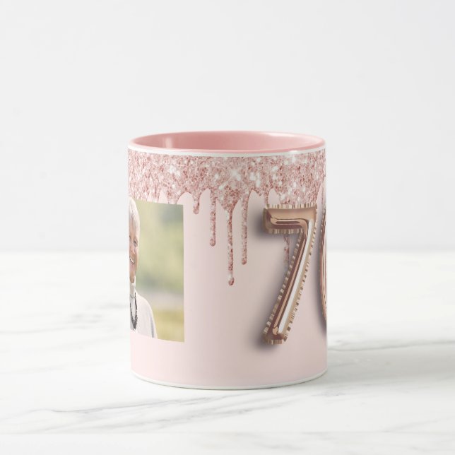 Caneca 70 de aniversário rosa dourado blush glitter gotej (Centro)