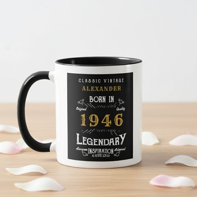 Caneca 80th Birthday 1946 Legend Retro Black Personalized (Born 1946 birthday gift mug. White background, wood table.)