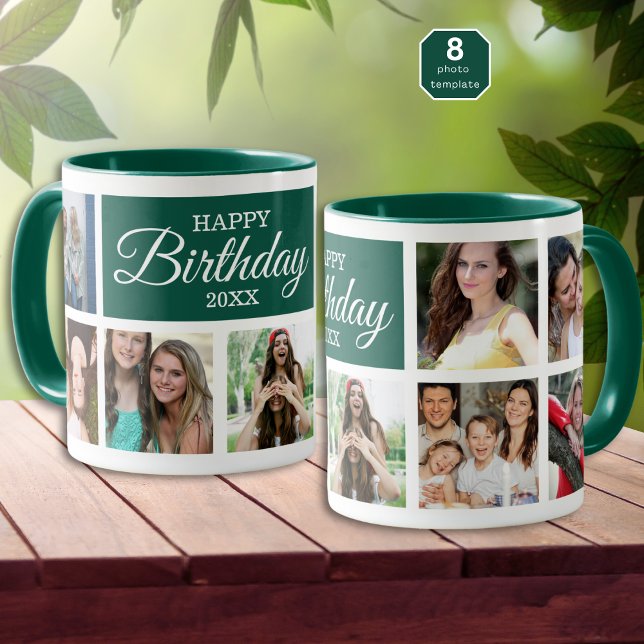 Caneca 8 Photo Collage Green Happy Birthday     (Criador carregado)