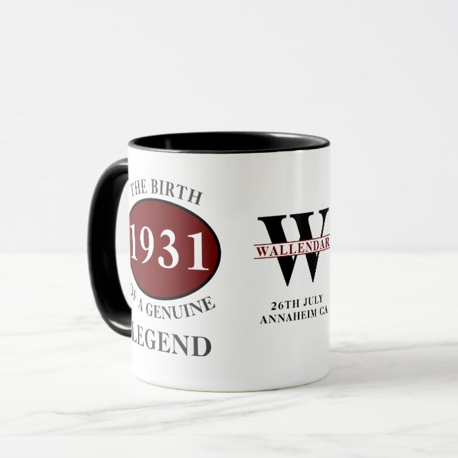 Caneca 90 Birthday Monograma Nascer 1931 Legend Add Name (Frente Esquerda)