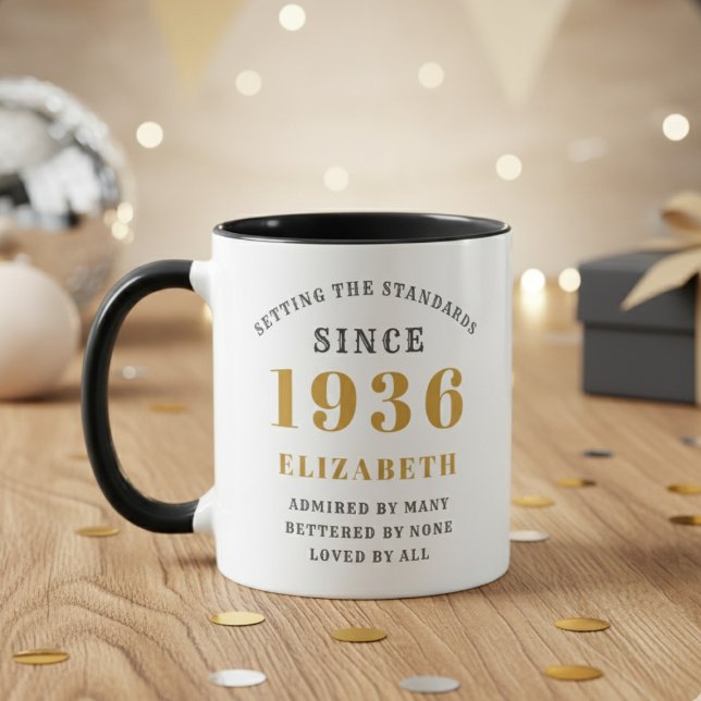 Caneca 90th Birthday 1936 Add Name Elegant (Born 1936 birthday gift mug. Out of focus background.)