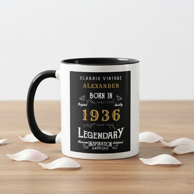 Caneca 90th Birthday 1936 Legend Retro Black Personalized (Born 1936 birthday gift mug. White background wood table.)