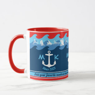 Caneca A âncora náutica do monograma acena o azul branc