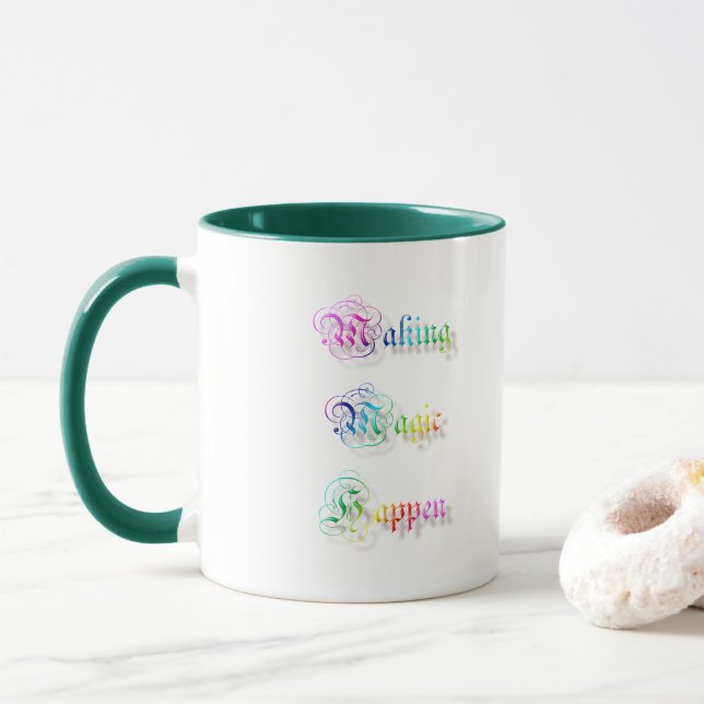 Caneca A mágica do fazer acontece. texto do arco-íris (Com Donut)