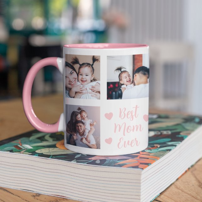 Caneca A Melhor Mãe Já Personalizada, 8 Fotografias Rosa (Pink Best Mom Ever Personalized Photo Mug
)