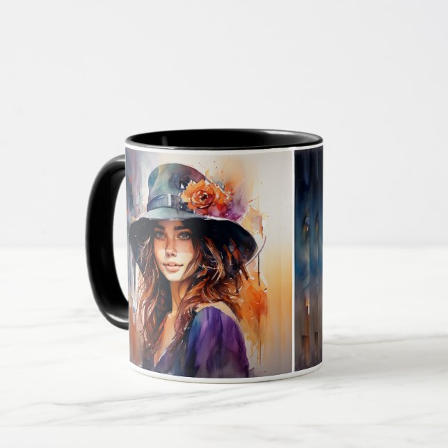 Caneca A Mulher no Chapéu: Retrato da Graça Vibrante (Frente Esquerda)