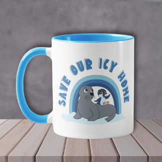 Caneca A seal and a penguin "Save Our Icy World" cartoon