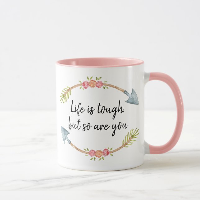 Caneca A vida é Difícil Floral de Aquarela Seta Rosa (Direita)