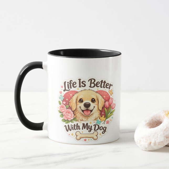Caneca A Vida é Melhor Com Meu Cachorro Fofo Retriever Do (Com Donut)