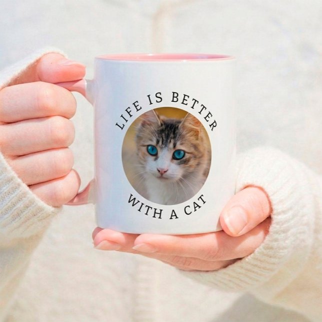 Caneca A Vida é Melhor com um Gato Adicionar Foto e Nome (Life is Better with a Cat Custom Photo Photo Mug)