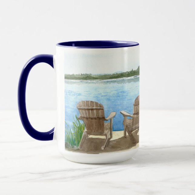 Caneca A vida é melhor no lago, cadeiras de Adirondack.  (Esquerda)