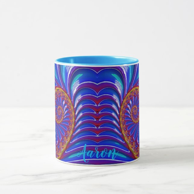 Caneca AARON ~ GLOSSY 3D Zany Blue Yellow Fractal ~ Mug (Centro)