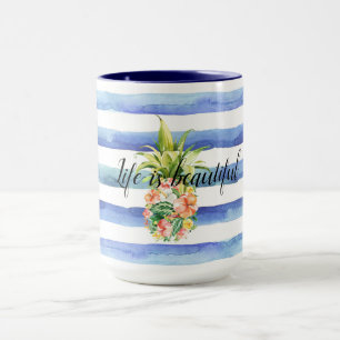 Caneca Abacaxi Tropical de Stripes Brancas Azuis  