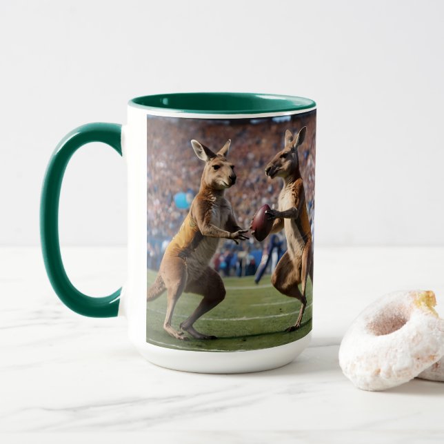 Caneca "Abaixo Em Ação: Kangaroos Jogando Regras Aussie (Com Donut)