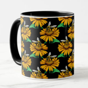 Caneca Abelha sobre Flor de Girassol Design Preto