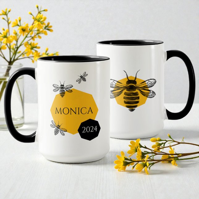 Caneca Abelhas brancas Abelhas-brancas Nome Ano Mug para  (Modern Yellow Black Cute Bee Honeycomb Friend Name Mug)