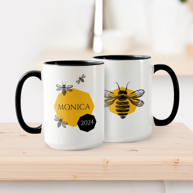 Caneca Abelhas brancas Abelhas-brancas Nome Ano Mug para  (Cute Bee Yellow Honeycomb Name Year Mug for Friend)