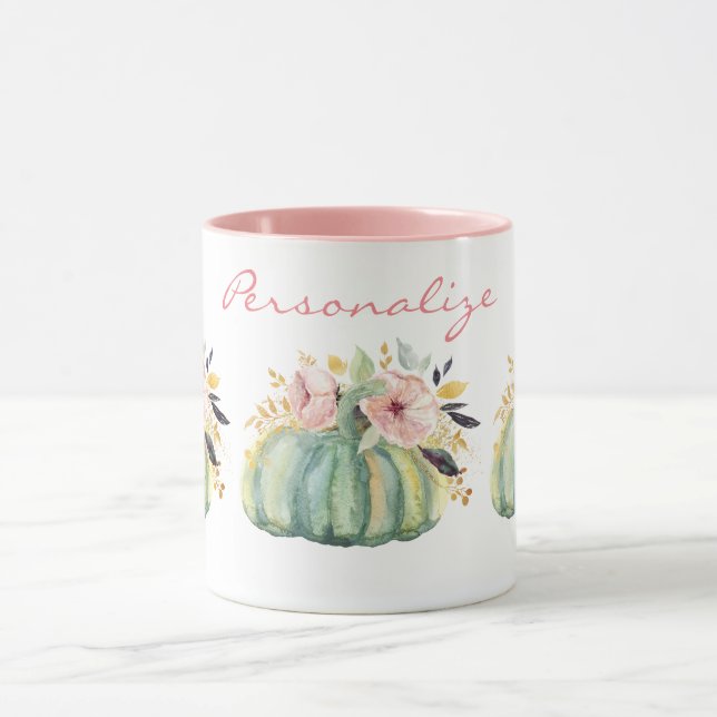 Caneca Abóbora azul queda floral aquarela outono elegante (Centro)