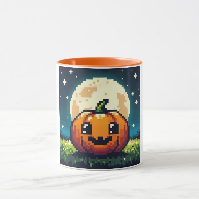 Caneca Abóbora de Halloween de 8 bits sob a lua (Centro)
