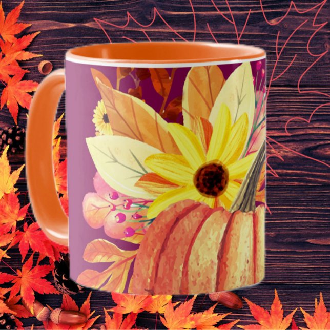 Caneca Abóbora de outono vinho púrpura de laranja floral (Criador carregado)