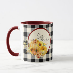Caneca Abóbora floral e de ação de graças xadrez