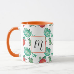 Caneca Abóboras Aquarela Verde Laranja Padrão de Folhagem
