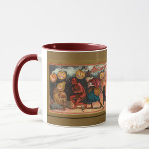 Caneca Abóboras de Halloween Vintage Diabos e Bruxas