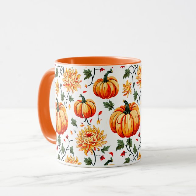 Caneca Abóboras e Crisântemos Festivos de Outono (Frente Esquerda)