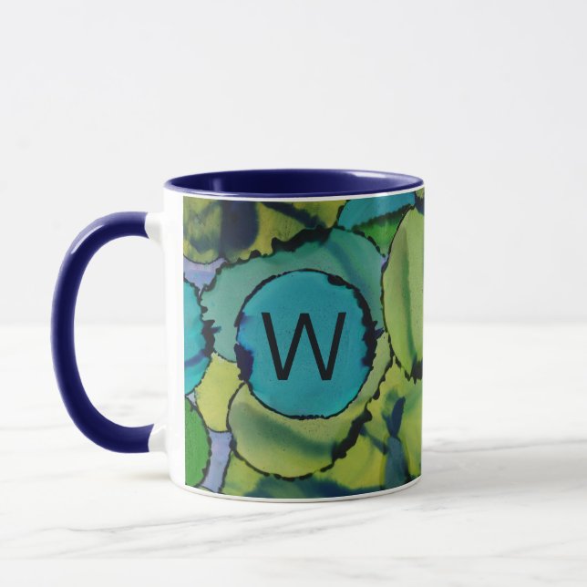 Caneca Abstract Watercolor Green Teal Blue Monogram Mug (Esquerda)