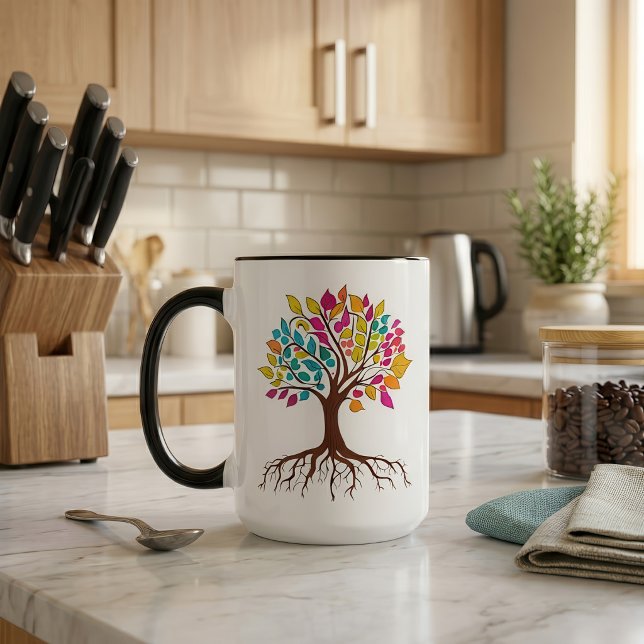 Caneca Abstrato com raízes e folhas coloridas. (Vibrant Tree of Life: Roots and colorful leaves. Mug)