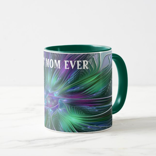 Caneca Abstrato de Arte com Flor Verde Roxo Melhor Mãe (Frente Esquerda)