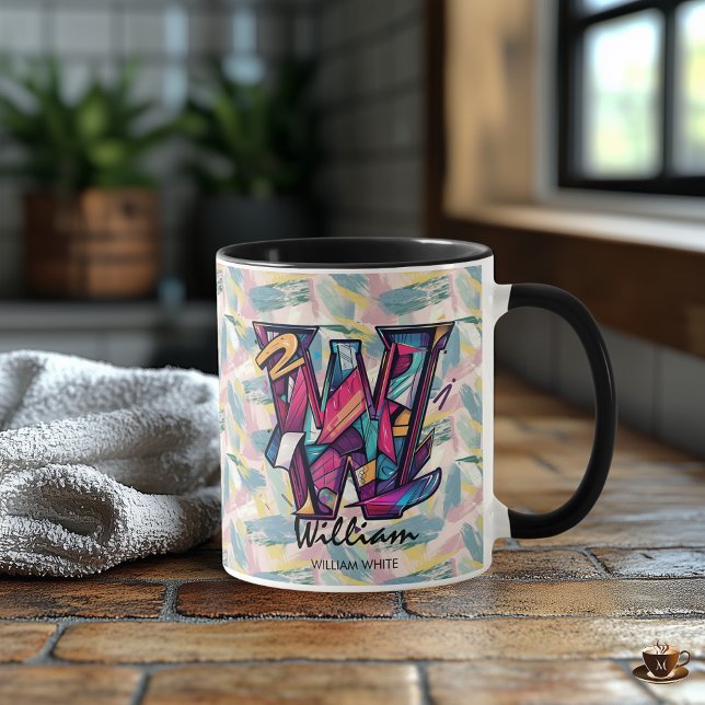 Caneca Abstrato de Greve Monograma Mug - W para William (Criador carregado)